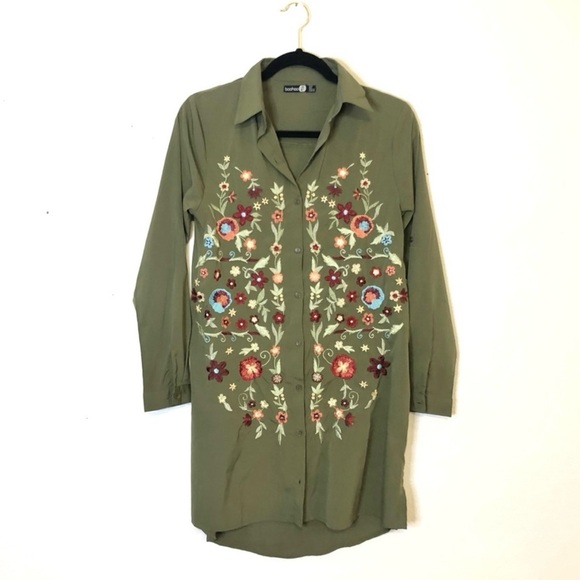 Army Green Floral Embroidered Button Down Shirt Dress Size 6 - Picture 1 of 3